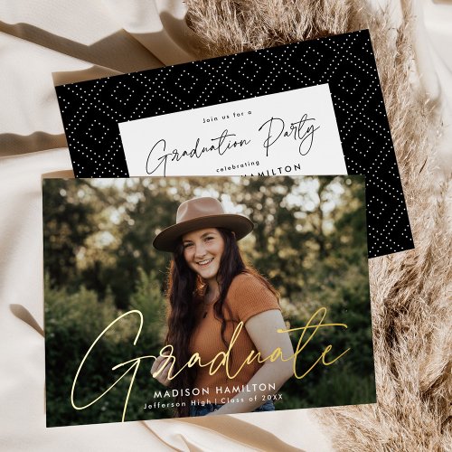 Modern Gold Script Photo Graduation Party Foil Invitation