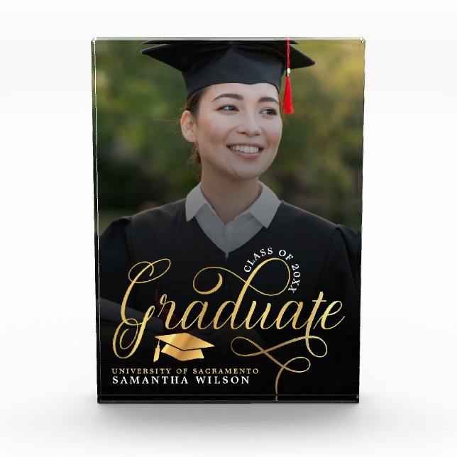 Modern Gold Script Photo Graduation Plaque (Front)