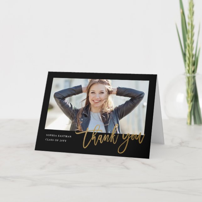 Modern Gold Script Photo Graduation  Thank You Card (Front)
