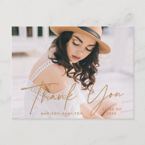 Modern Gold Script Photo Graduation Thank You Postcard