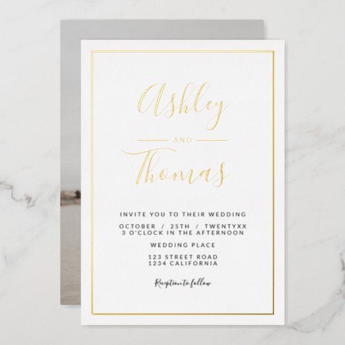 Modern gold script photo wedding geometric frame foil invitation