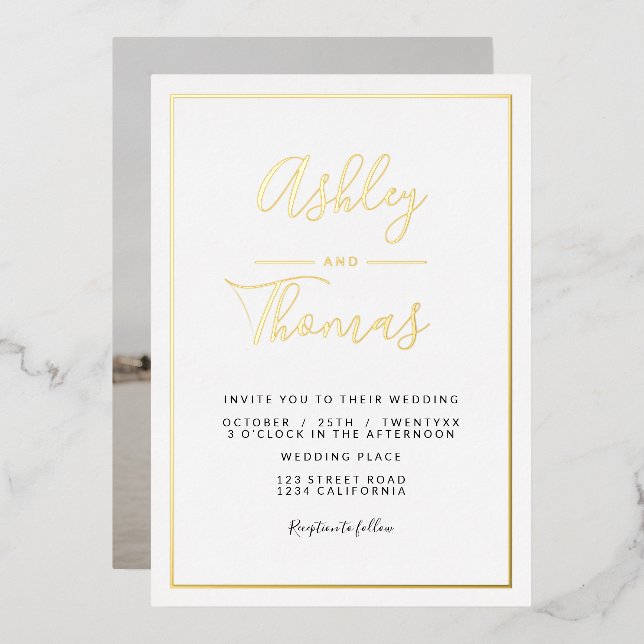 Modern gold script photo wedding geometric frame foil invitation (Front/Back)
