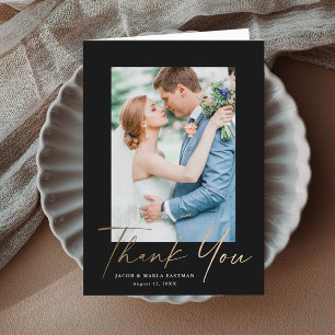 Modern Gold Script Photo Wedding Letterpress Thank You Card