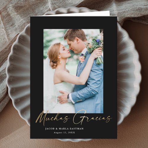 Modern Gold Script Photo Wedding Muchos Gracias Thank You Card