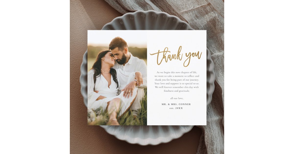 Modern Gold Script Photo Wedding Thank You | Zazzle