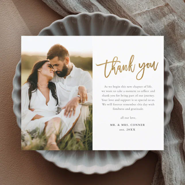 Modern Gold Script Photo Wedding Thank You | Zazzle