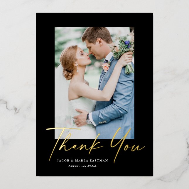 Modern Gold Script Photo Wedding Thank You Card (Front)