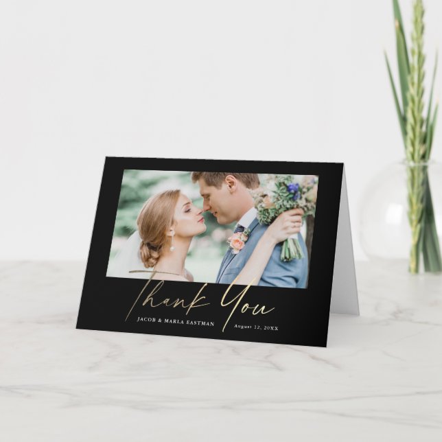 Modern Gold Script Photo Wedding Thank You Card (Front)