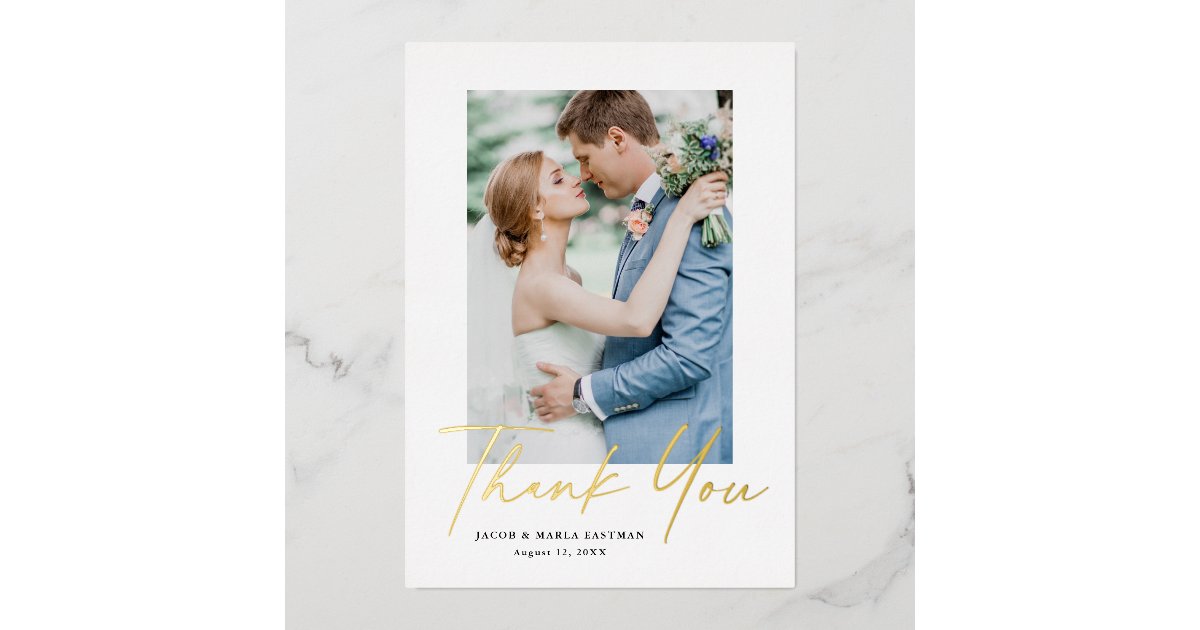 Modern Gold Script Photo Wedding Thank You Card | Zazzle
