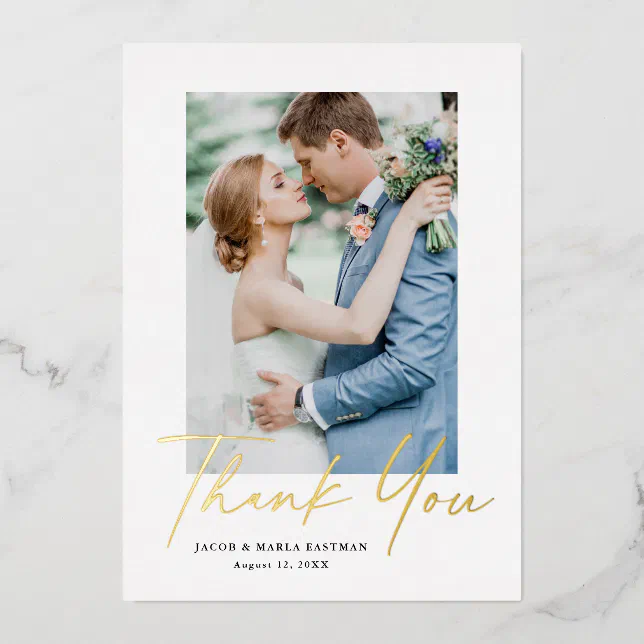 Modern Gold Script Photo Wedding Thank You Card | Zazzle