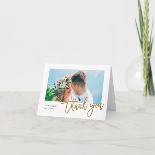 Modern Gold Script Photo Wedding Thank You Card