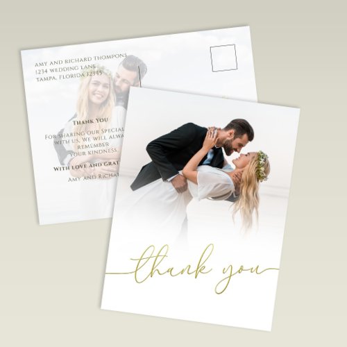 Modern Gold Script Photo Wedding Thank You Card