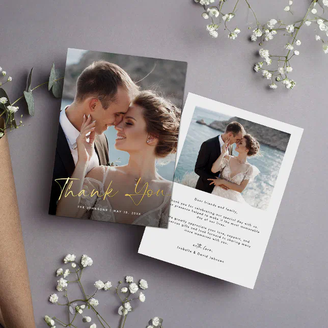Modern Gold Script Photo Wedding Thank You Card | Zazzle