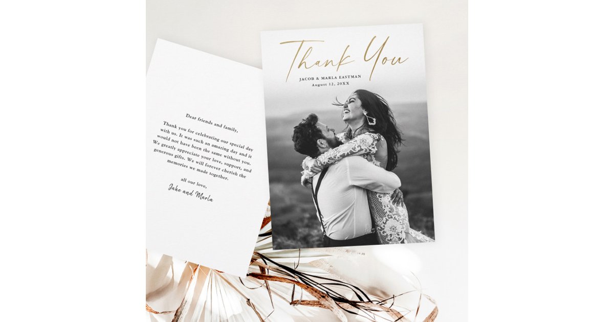 Modern Gold Script Photo Wedding Thank You Card | Zazzle