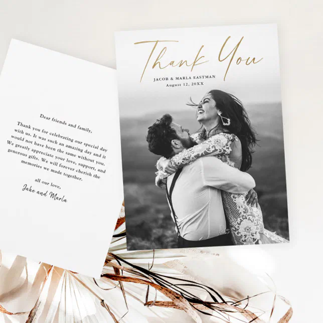 Modern Gold Script Photo Wedding Thank You Card | Zazzle