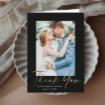 Modern Gold Script Photo Wedding Thank You Card<br><div class="desc">Gold script photo wedding elegant stylish modern thank you card. Part of a wedding collection. Colors can be changed.The backside includes a generic thank you message that you can personalize for each guest or remove it altogether if you prefer to hand right your thank you.</div>
