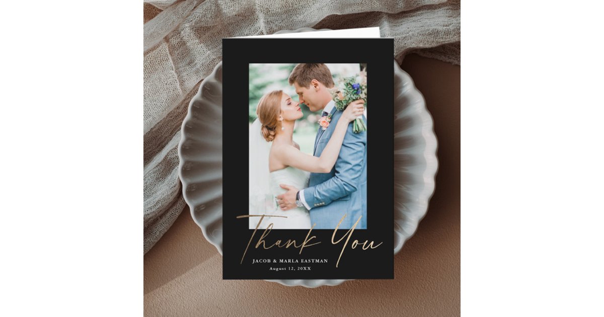 Modern Gold Script Photo Wedding Thank You Card | Zazzle