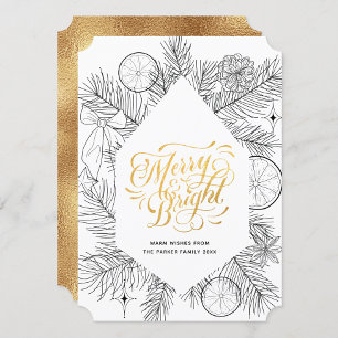 Modern Gold Script Pine Bough Minimalist Floral Holiday Card