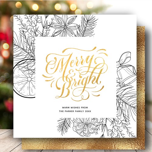 Modern Gold Script Pine Bough Minimalist Floral Holiday Card