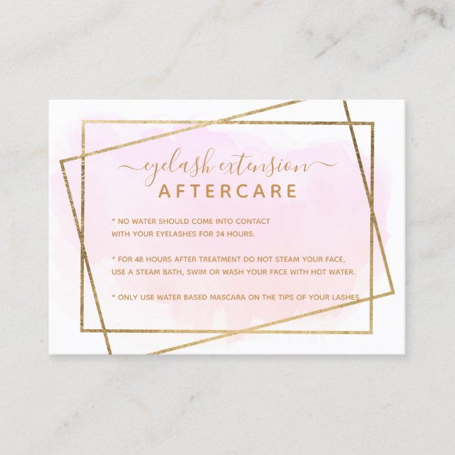 Modern gold script pink eyelash aftercare business card (Front)