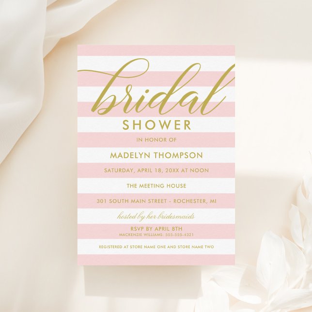 Modern Gold Script Pink Stripes Bridal Shower Invitation (Creator Uploaded)
