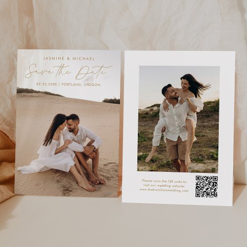 Modern Gold Script QR Code 2 Photo Save The Date