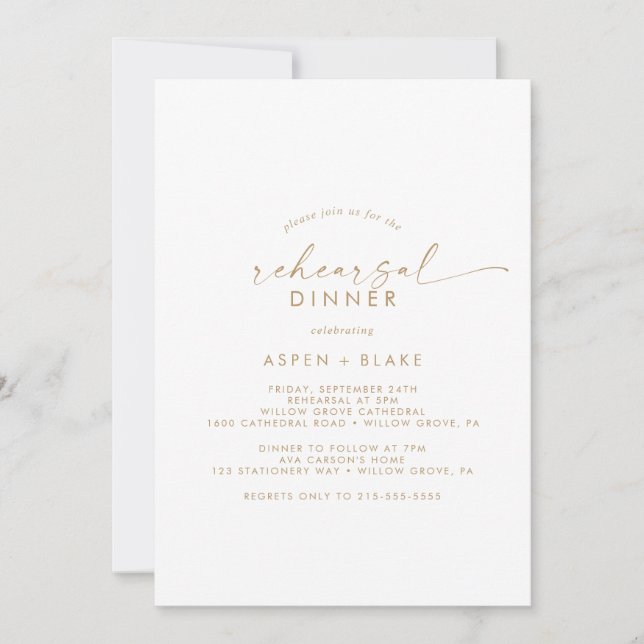 Modern Gold Script Rehearsal Dinner Invitation (Front)
