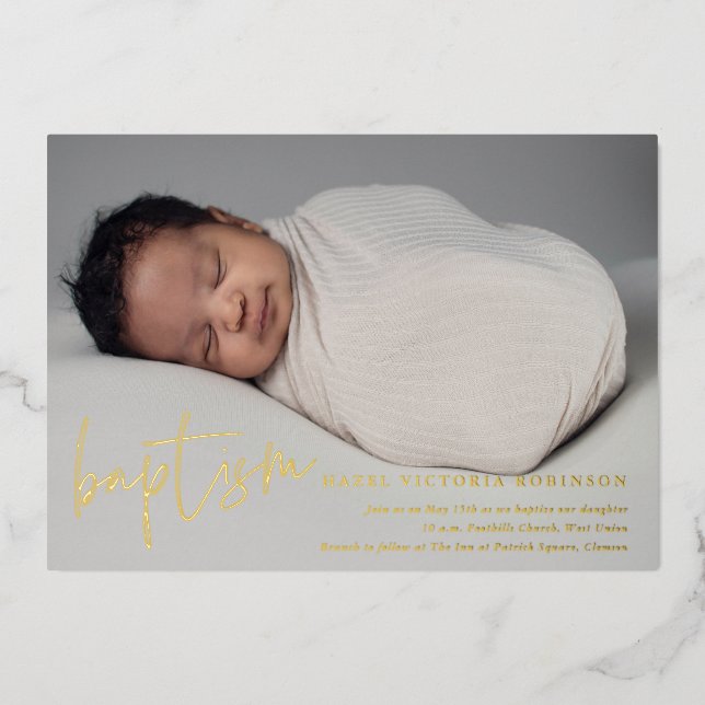 Modern Gold Script Religious Baptism & Christening Foil Invitation (Front)