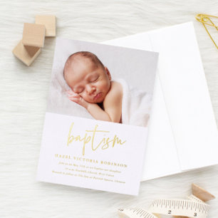 Modern Gold Script Religious Baptism & Christening Foil Invitation