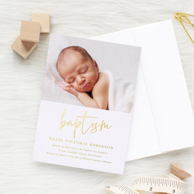 Modern Gold Script Religious Baptism & Christening Foil Invitation (Creator Uploaded)