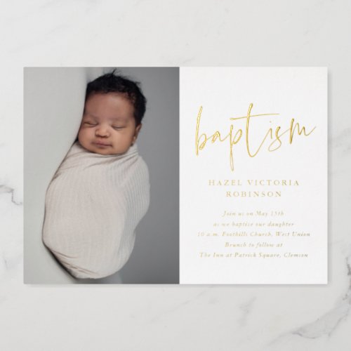 Modern Gold Script Religious Baptism  Christening Foil Invitation