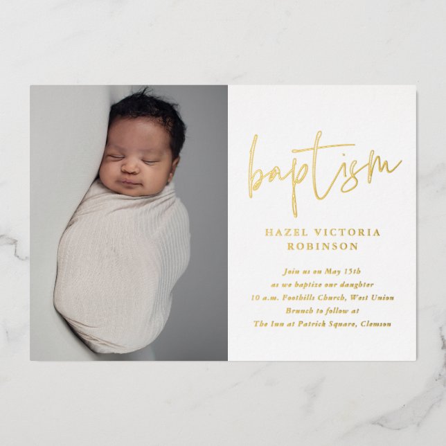 Modern Gold Script Religious Baptism & Christening Foil Invitation (Front)