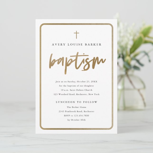 Modern Gold Script Religious Baptism  Invitation (Standing Front)