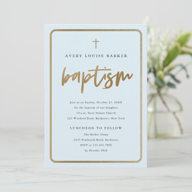 Modern Gold Script Religious Boy Baptism Invitation (Standing Front)