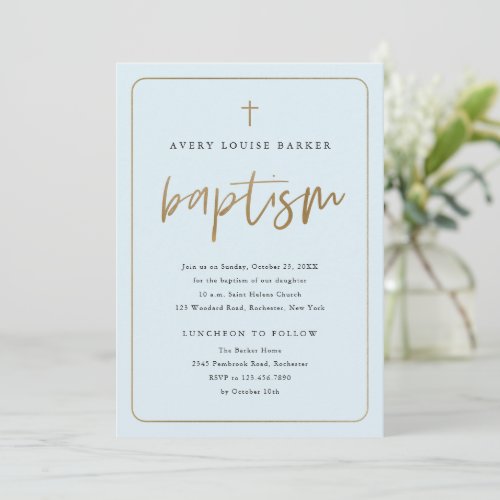 Modern Gold Script Religious Boy Baptism Invitation