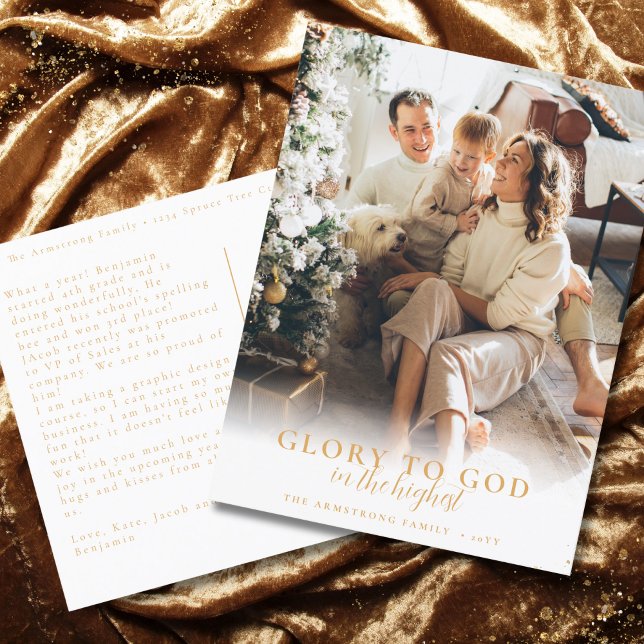 Modern Gold Script Religious Christmas Photo Holiday Postcard (Simple, modern, religious Christmas postcard with photo and Bible verse)