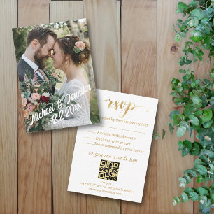 modern gold script rsvp wedding photo qr code note card
