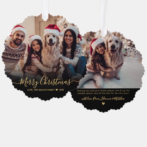 Modern Gold Script Simple 2 Photo Christmas Ornament Card