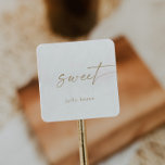 Modern Gold Script Sweet Wedding Favor Square Sticker<br><div class="desc">These modern gold script sweet wedding favor stickers are perfect for a minimalist wedding. The simple yellow gold color design features unique industrial lettering typography with modern boho style. Customizable in any color. Keep the design minimal and elegant, as is, or personalize it by adding your own graphics and artwork....</div>