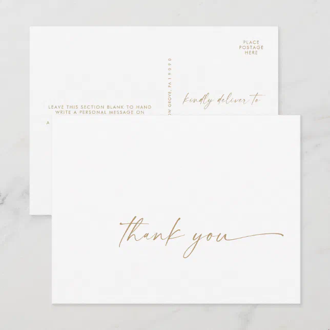 Modern Gold Script Thank You Postcard | Zazzle