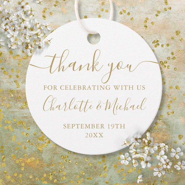 Modern Gold Script Thank You Wedding Favor Tags | Zazzle