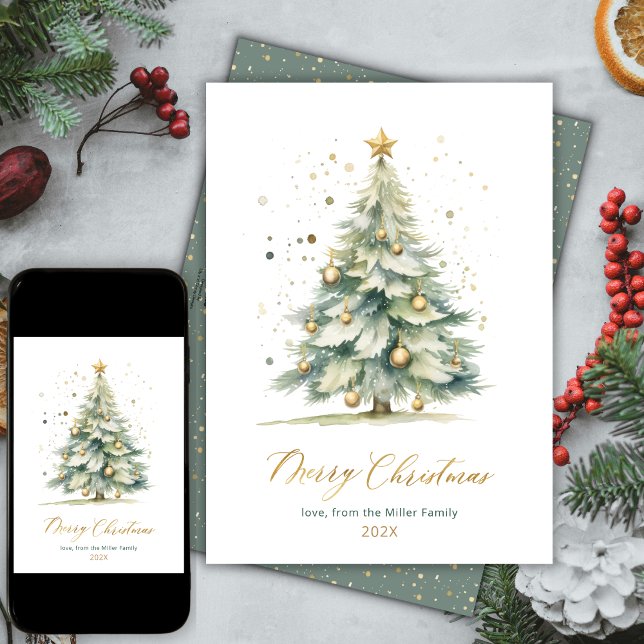 Modern Gold Script Tree Non Photo Christmas Cards (Creator Uploaded)