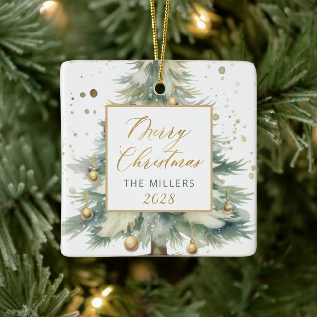 Modern Gold Script Watercolor Christmas Tree  Ceramic Ornament (Tree)
