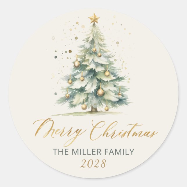Modern Gold Script Watercolor Christmas Tree  Classic Round Sticker (Front)