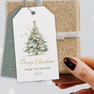 Modern Gold Script Watercolor Christmas Tree Gift Gift Tags