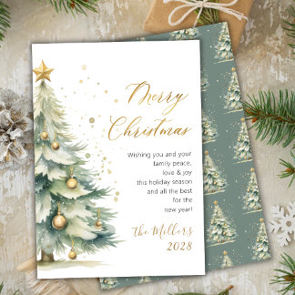 Modern Gold Script Watercolor Christmas Tree Holiday Card