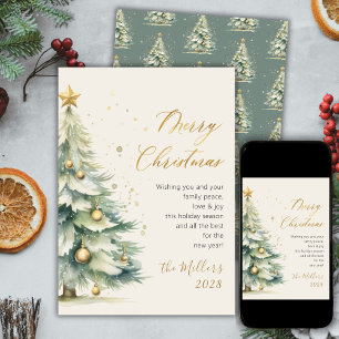 Modern Gold Script Watercolor Christmas Tree Holiday Card