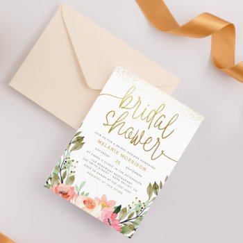 Modern Gold Script Watercolor Floral Bridal Shower Invitation by Cali_Graphics at Zazzle