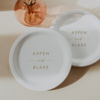 Modern Gold Script Wedding Cake Paper Plate