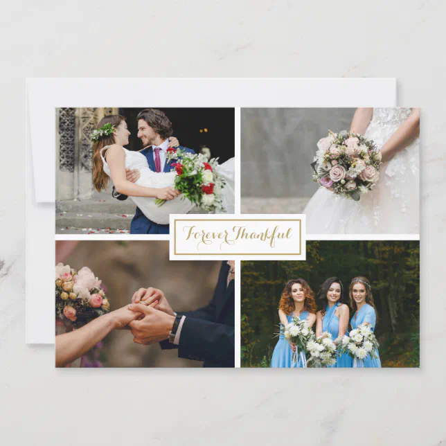 Modern Gold Script Wedding Photo Collage Thank You Card | Zazzle